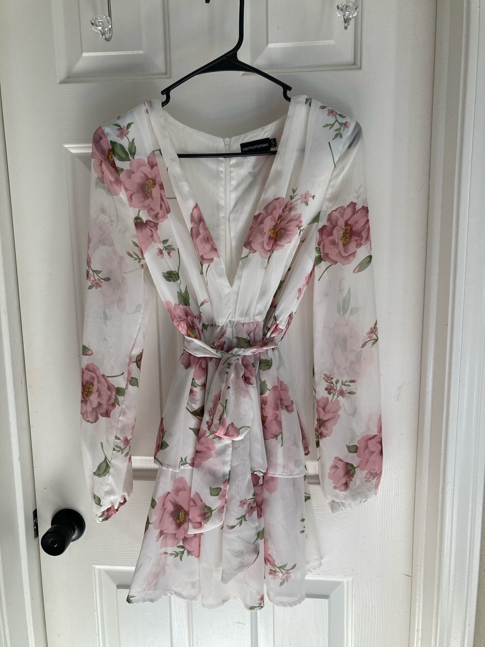 PrettyLittleThing White Floral V-Neck Long Sleeve Mini Dress with Pink Flowers